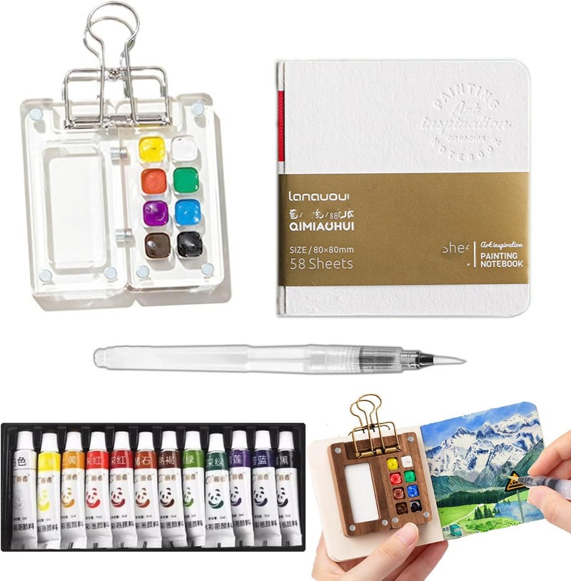 F'DIARY Mini Travel Watercolor Set Pocket Artist Watercolor Travel Set Grid Palette Box Sketch Book Brush Pens With Binder Clips For Painters Artists Students - Image 1